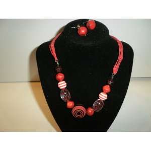  Red Beaded Choker with Matching Earrings 