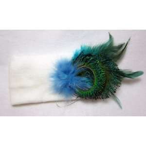 White Winter Knit Ear Warmer Headband with Peacock Feathers and Fur