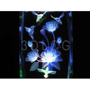  Humming Birds with Flowers 3D Laser Etched Crystal T2 