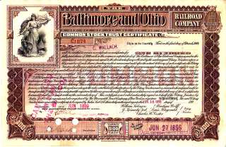 Set of 3 Baltimore and Ohio Railroad Stock Certificates 1899, 1899 