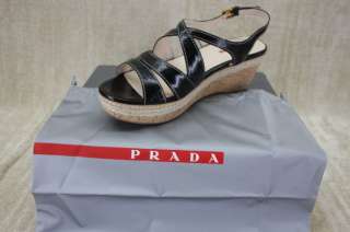 NIB Prada Criss Cross Cork platform Sandals 40 / 10 New Black Patent 
