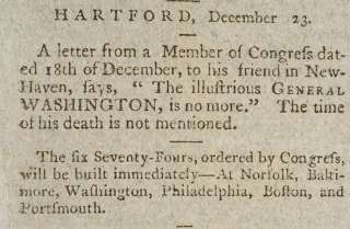 1799 Newspaper States GEORGE WASHINGTON Is No More  