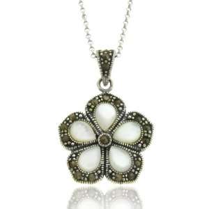    Sterling Silver Marcasite Mother of Pearl Flower Pendant: Jewelry