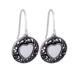   Sterling Silver Marcasite and Mother of Pearl Heart Earrings: Jewelry