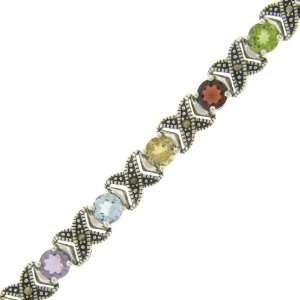   Sterling Silver Marcasite CZ Multi Color XO Design Bracelet: Jewelry