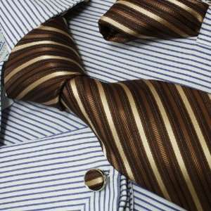 Italian Style Brown Stripes Silk Tie Hanky Neck Tie for Him and Cuff 