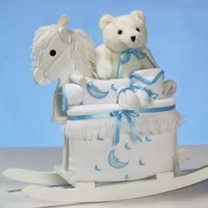 White Wooden Rocking Horse Gift Set for New Baby Boys   Great Shower 