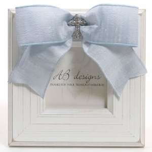  White Cross Picture Frame with Blue Ribbon Baby