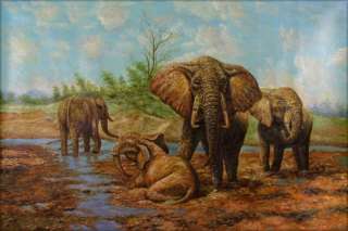 Hand Painted Oil Painting Quenching African Elephants 24x36  