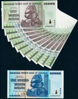 50 TRILLION ZIMBABWE DOLLARS x 10 BANK NOTES + 100 TRILLION  