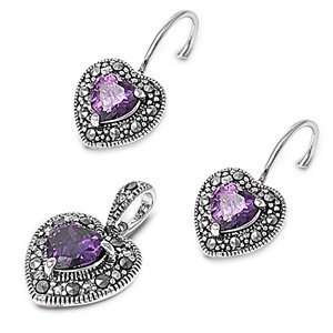   Silver & Amethnyst CZ Heart Marcasite Earring & Necklace Set: Jewelry