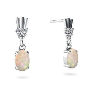    14K White Gold Oval Genuine Opal Dangle Drop Earrings: Jewelry