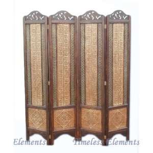   Wood Rattan 4 Panel Room Divider Folding Door Accent