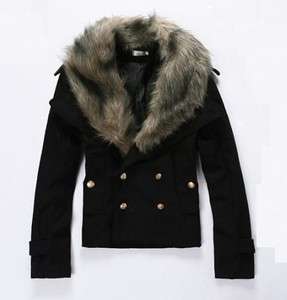 Men Double Breasted Mixed Woolen Faux Fur Short Coat  
