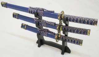 3pc BLUE MINI SAMURAI DAISHO SWORD SET WITH DISPLAY  