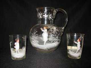 Antique Early Mary Gregory Clear Pitcher & 2 Glasses  
