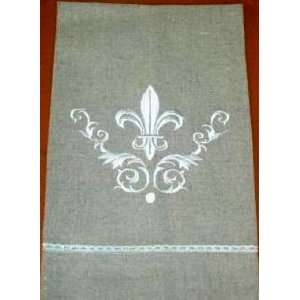  Linen Hand Towel w/Fancy Fleur de Lis White Embroidery on 