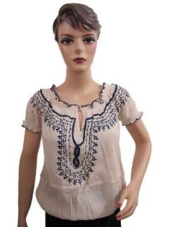  Womens White Blouse with Ruffle Neck Blue Embroidered 
