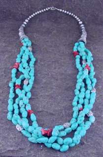 Navajo Sterling Silver Turquoise Coral Bead Necklace  