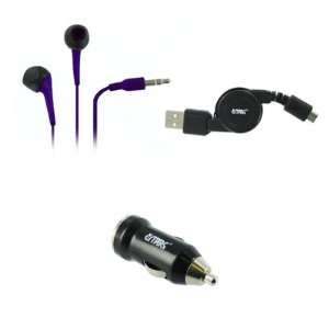   Earbud Headphones (Purple) + USB Car Charger Adapter + Retractable USB