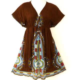 Plus Size Short Sleeve Dashiki Dress Brown 1X 2X 3X  