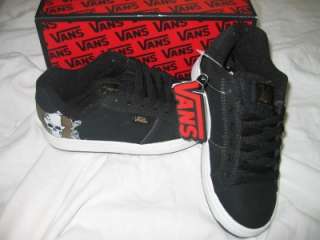 VANS Boys Black WIDOW Skull Hat Skate Laced Shoes 1 Leather NEW Box 