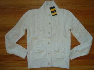   Lauren Rugby Womens Cream White Cableknit Cardigan Sweater L  