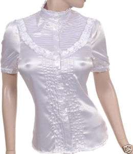 New Womens S. Sleeve Satin Shirt Blouse Top White S M  
