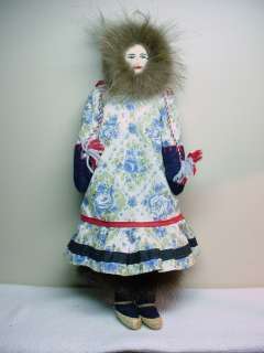 OLD ESKIMO INDIAN DOLL 15 CLOTH STITCHED w REAL FUR  