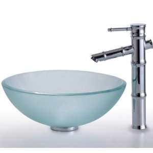  Frosted 14 inch Glass Vessel Sink and Bamboo Faucet C GV 