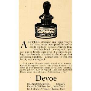  1908 Ad F. W. Devoe Black Drawing Ink Bottle Waterproof 