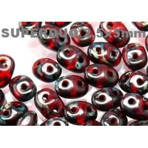 Czech Two Hole Seed Beads SuperDuo Ruby with Dark Travertin Luster 