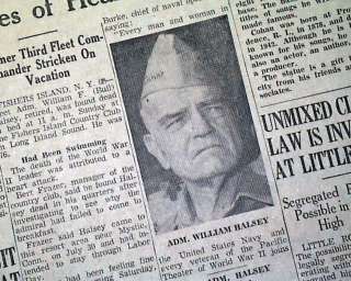 Admiral WILLIAM HALSEY Death WWII Hero 1959 Newspaper *  