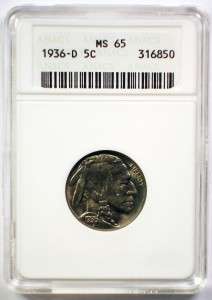 1936 D Buffalo Nickel ANACS MS 65 NICE WHITE COIN  