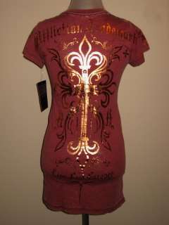 Affliction Live Fast GOLD FOIL CROSS T Shirt Womens Red NWT  
