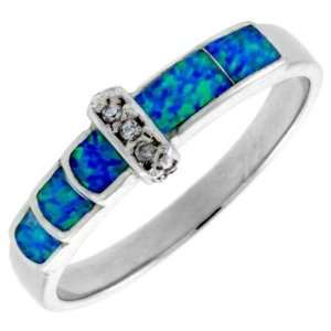 Sterling Silver, Synthetic Opal Inlay Ring w/ CZ Stone accents, 3/16 