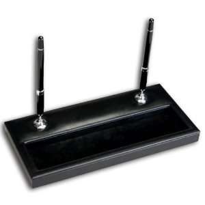  Black Leather Double Pen Stand (Silver)