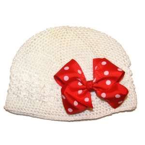   Company White Crochet Beanie Hat with Red Polka Dot Hair Bow Baby