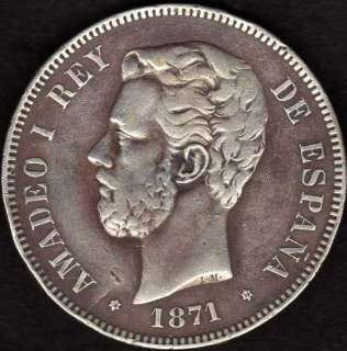 Rare Spain 1871 (74) 5 Pesetas Amadeo I Rey Silver Coin Very Nice 