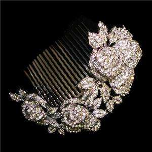 65 Wedding 3 Rose Hair Comb Tiara Swarovski Crystal VTG Style 
