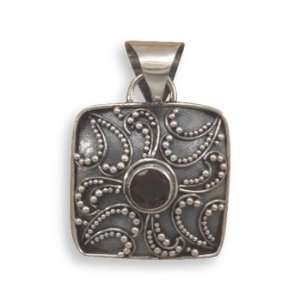   Square Pendant With Scroll Bead Design and Center Faceted Garnet Charm