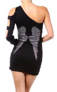 CRYSTAL ANGEL WINGS TATTOO ONE SHOULDER CUT OUT MINI DRESS S & ED 