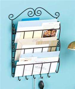 BRONZE FINISH SCROLLWORK 3 TIER LETTER MAIL AND KEY WALL RACK  