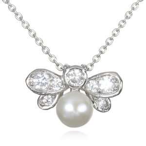  White Pearl Bee Pendant with White CZ 18 CHELINE 