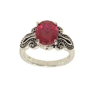 Unique Hand Set Oval Synthetic Ruby Silvertone Fashion Ring with Black 