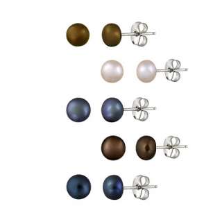 Stainless Steel 5 6mm Freshwater Multi Color Pearl Stud Earrings, Set 