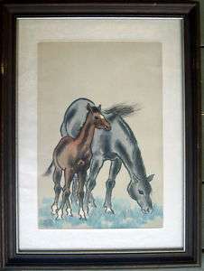 ORIGINAL UCHIDA WOODBLOCK PRINT C 1940 HORSES COA  