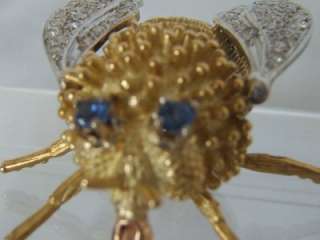   ~ Fine Diamond 18k Gold~ Bumble Bee Pin Brooch w Saphire Eyes  