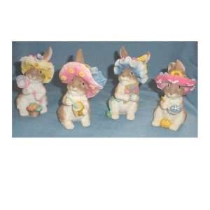  Set of 4 Bunny Rabbits with Hats Figures 