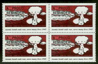 ATOMIC BOMB STAMPS, Block of 4, CINDERELLA, privately produced.we 